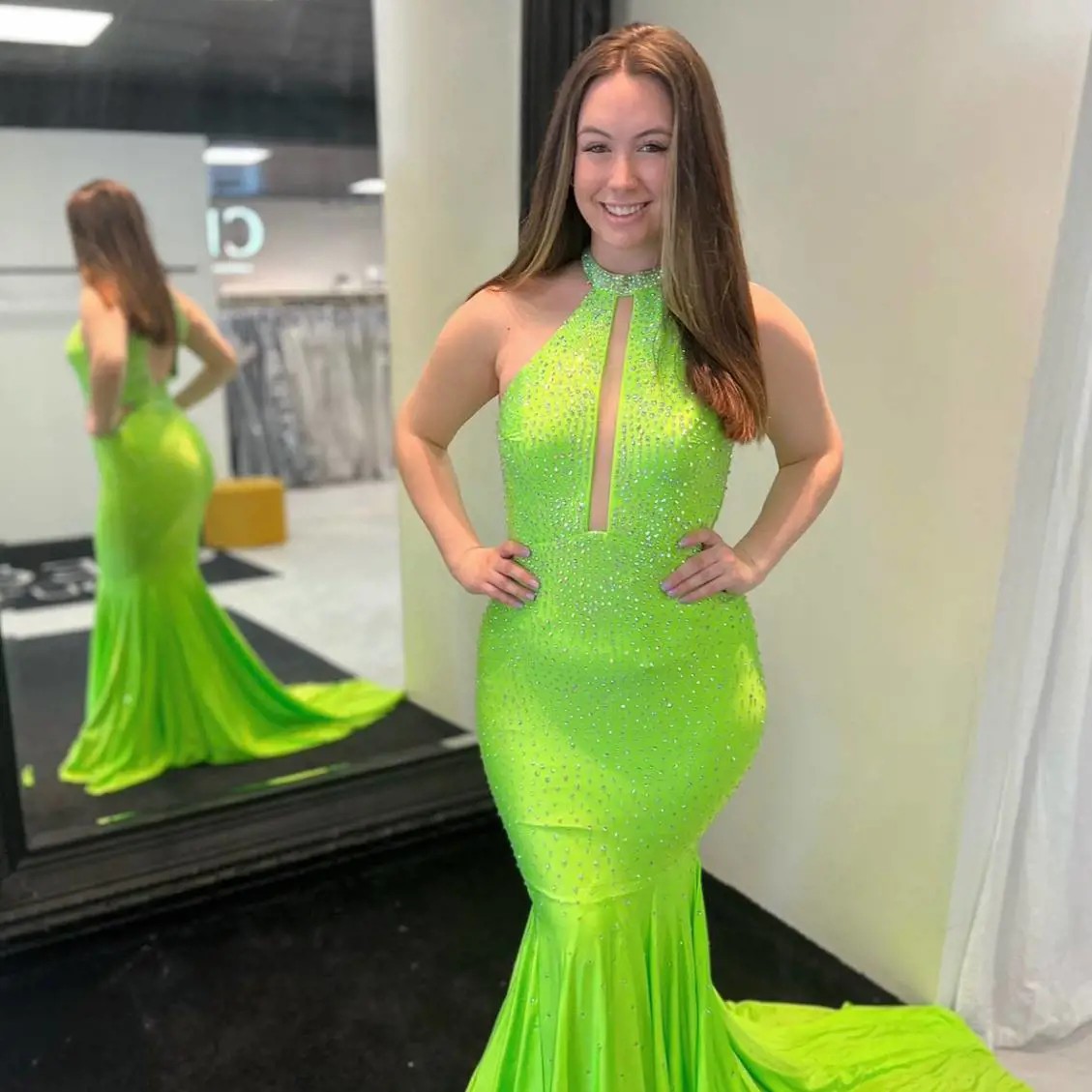 Model wearing a gown by Lauren