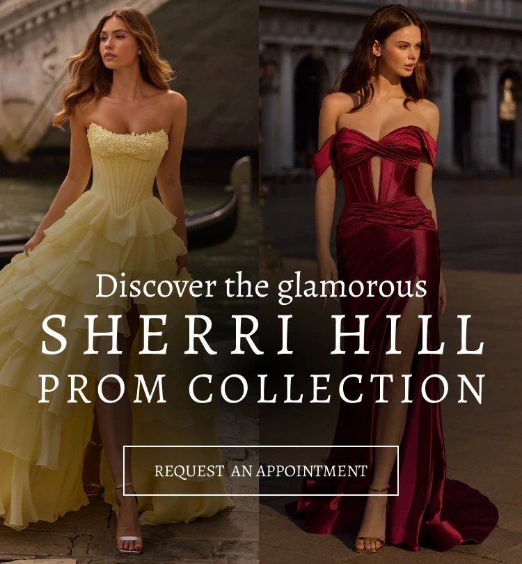 Models wearing Sherri Hill Prom gowns, mobile banner
