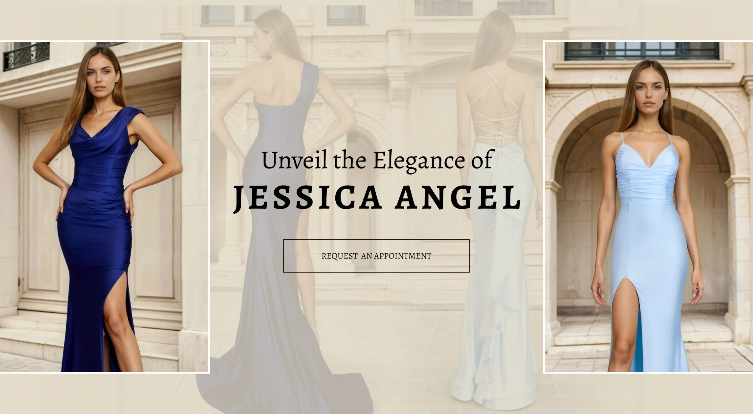 Models wearing Jessica Angel prom gowns, desktop banner