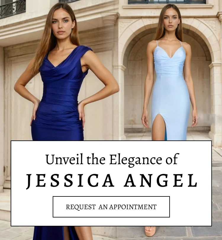 Models wearing Jessica Angel prom gowns, mobile banner